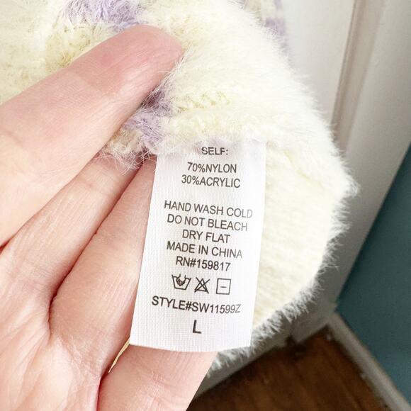 Altar’d State Fuzzy Teddy Cream Purple Floral Striped Haley Sweater Size Large L - Picture 7 of 11